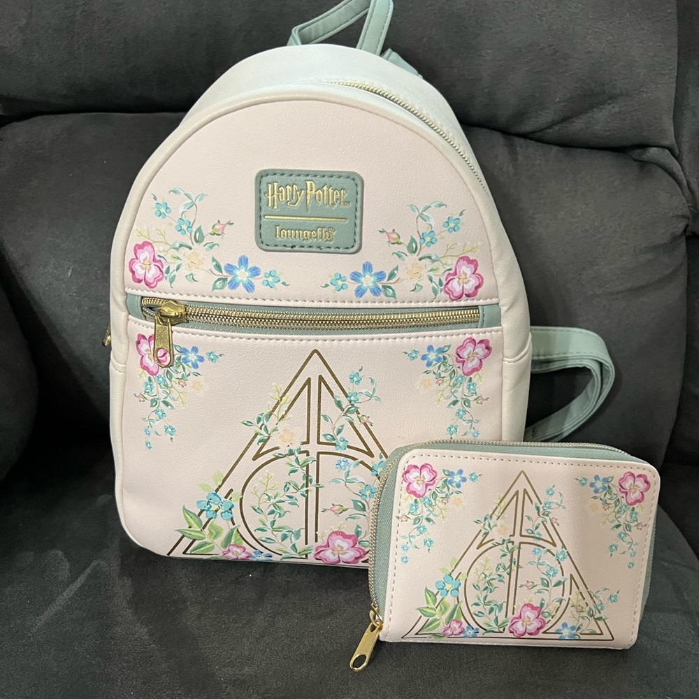 NWT Loungefly Harry Potter Deathly Hallows Floral Mini Backpack and Wallet.